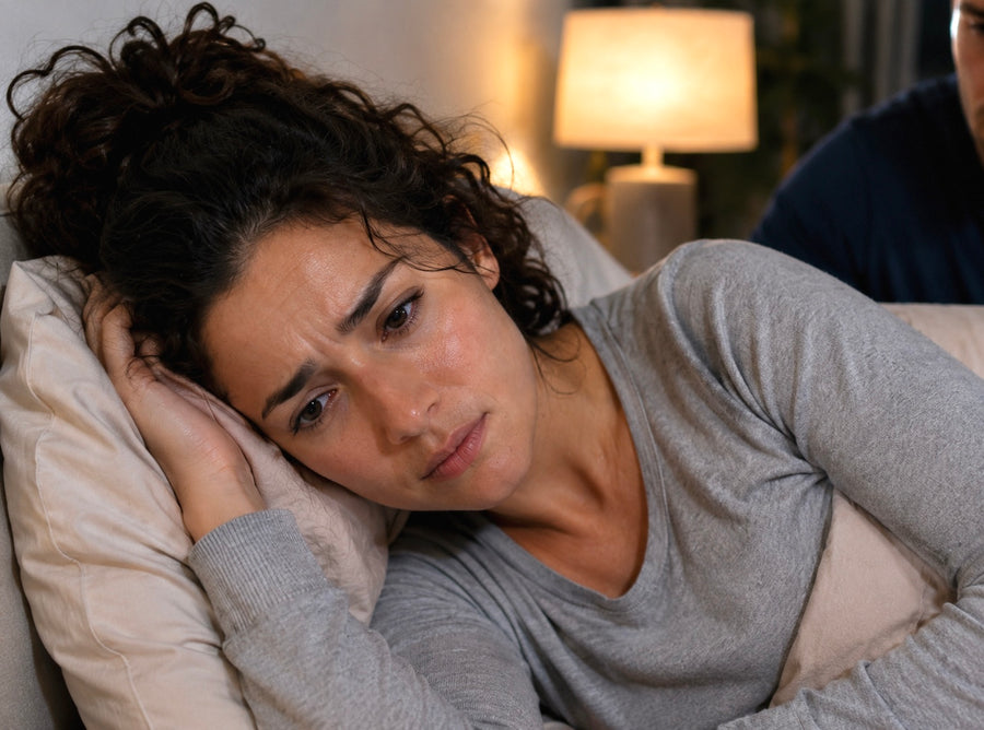 Thoughtful woman lying awake in bed looking worried while her partner sits blurred in the background