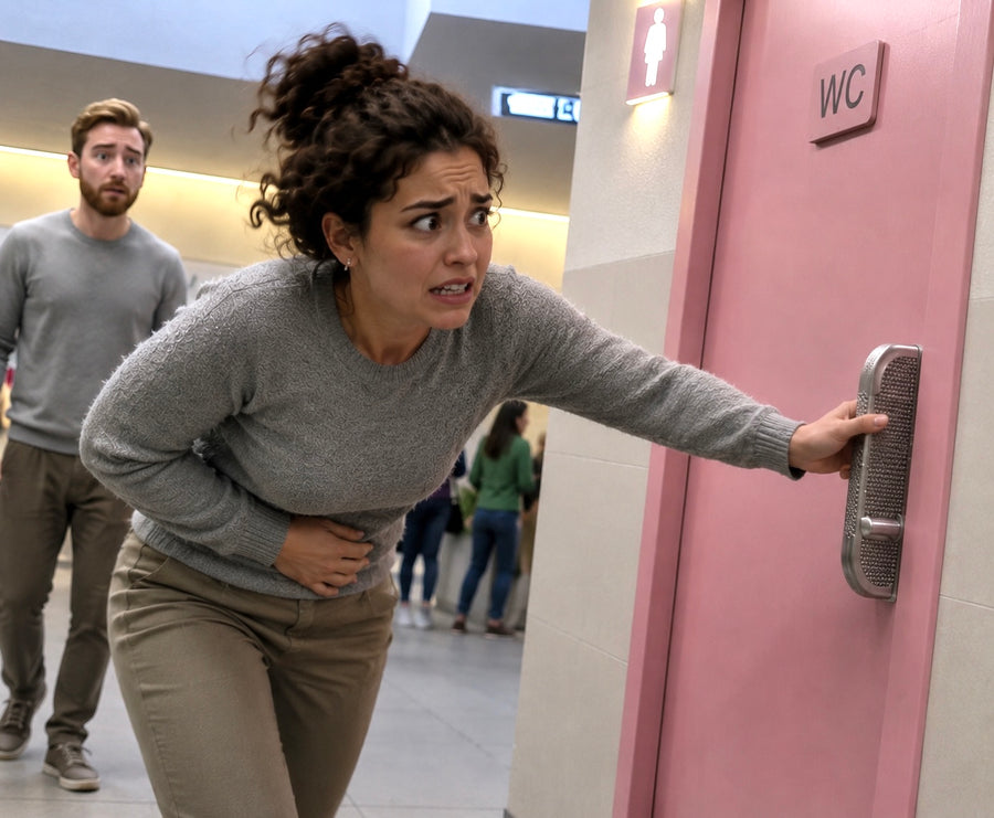 Woman urgently reaching for a public restroom door while holding her lower abdomen, with a concerned man walking behind her