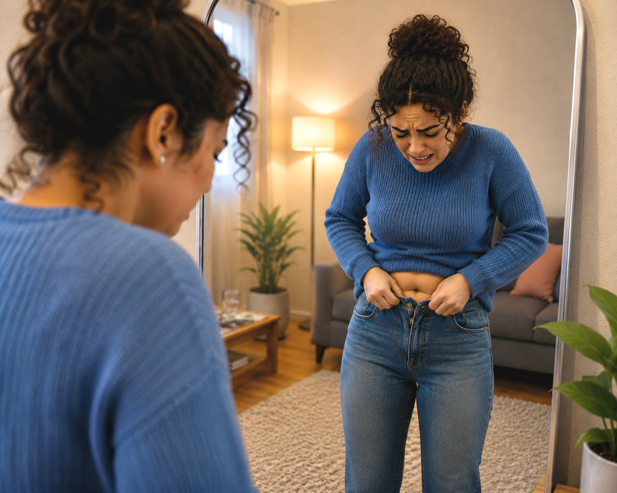Woman looking frustrated while trying to button tight blue jeans in front of a mirror, highlighting a lower belly pooch