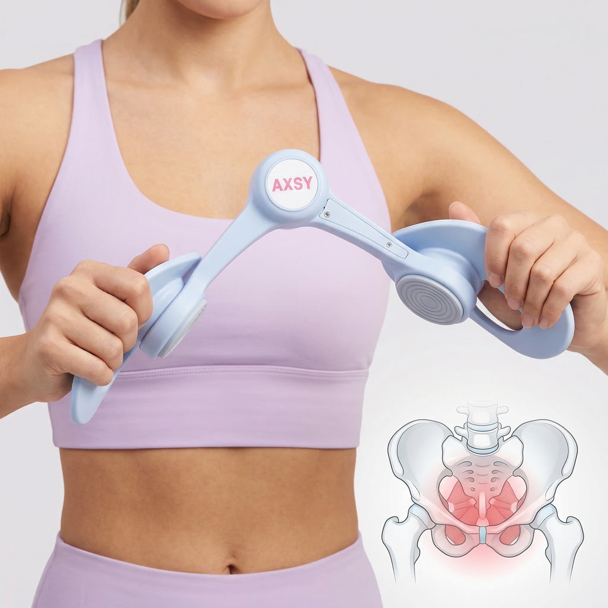 Blue AXSY pelvic floor trainer device in use by woman for home workouts with pelvic muscle illustration