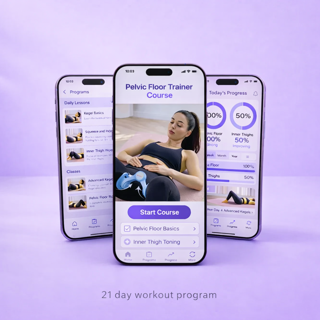 AXSY pelvic floor training app showing 21 day workout program and progress tracking on smartphones