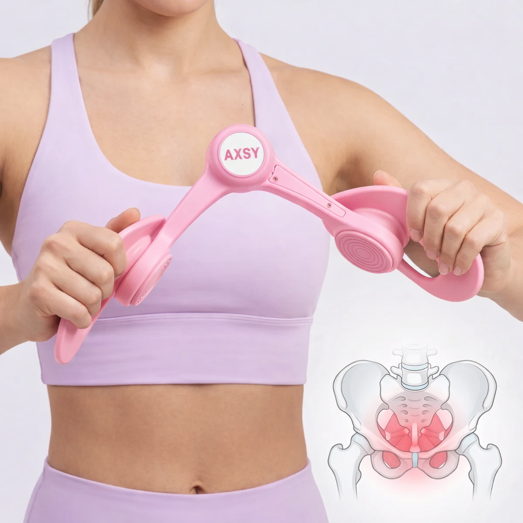 Pink AXSY pelvic floor trainer device in use by woman for home workouts with pelvic muscle illustration
