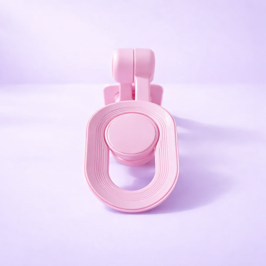 Pink AXSY pelvic floor trainer device side view for home workouts on soft pastel background