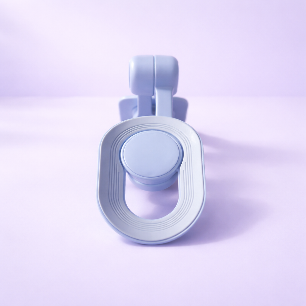 Blue AXSY pelvic floor trainer device side view for home workouts on soft pastel background
